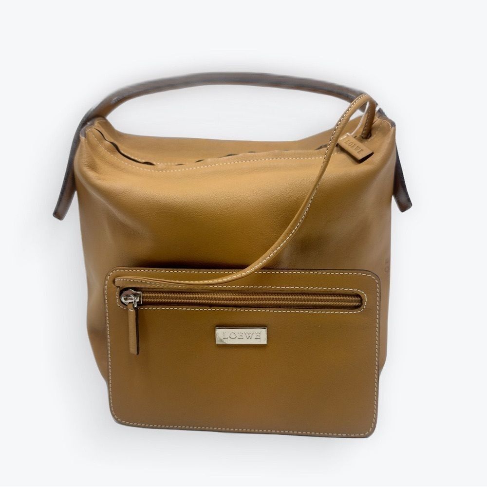 Auth Loewe Small Camel Brown Leather Cubi Tote Bag Purse Zip Wallet Lightweight